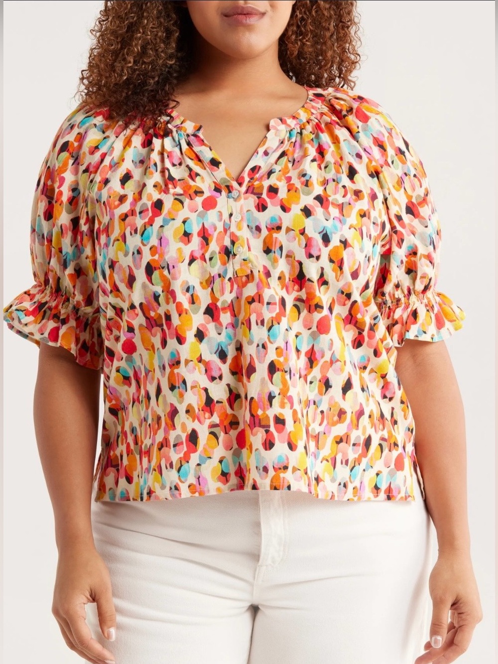 Liverpool Multicolor Dot-Print Puff-Sleeve Blouse